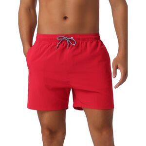 Drawstring Waist Side Pockets Mesh Lining Beach Swim Trunks Red